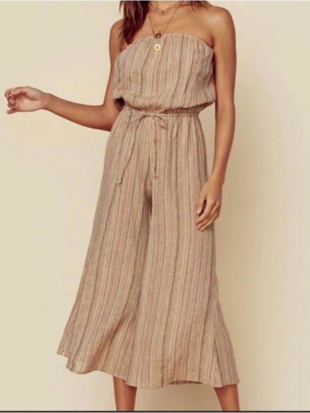 Blue Life Boho Bell Striped Strapless Wide Leg Jumpsuit - large